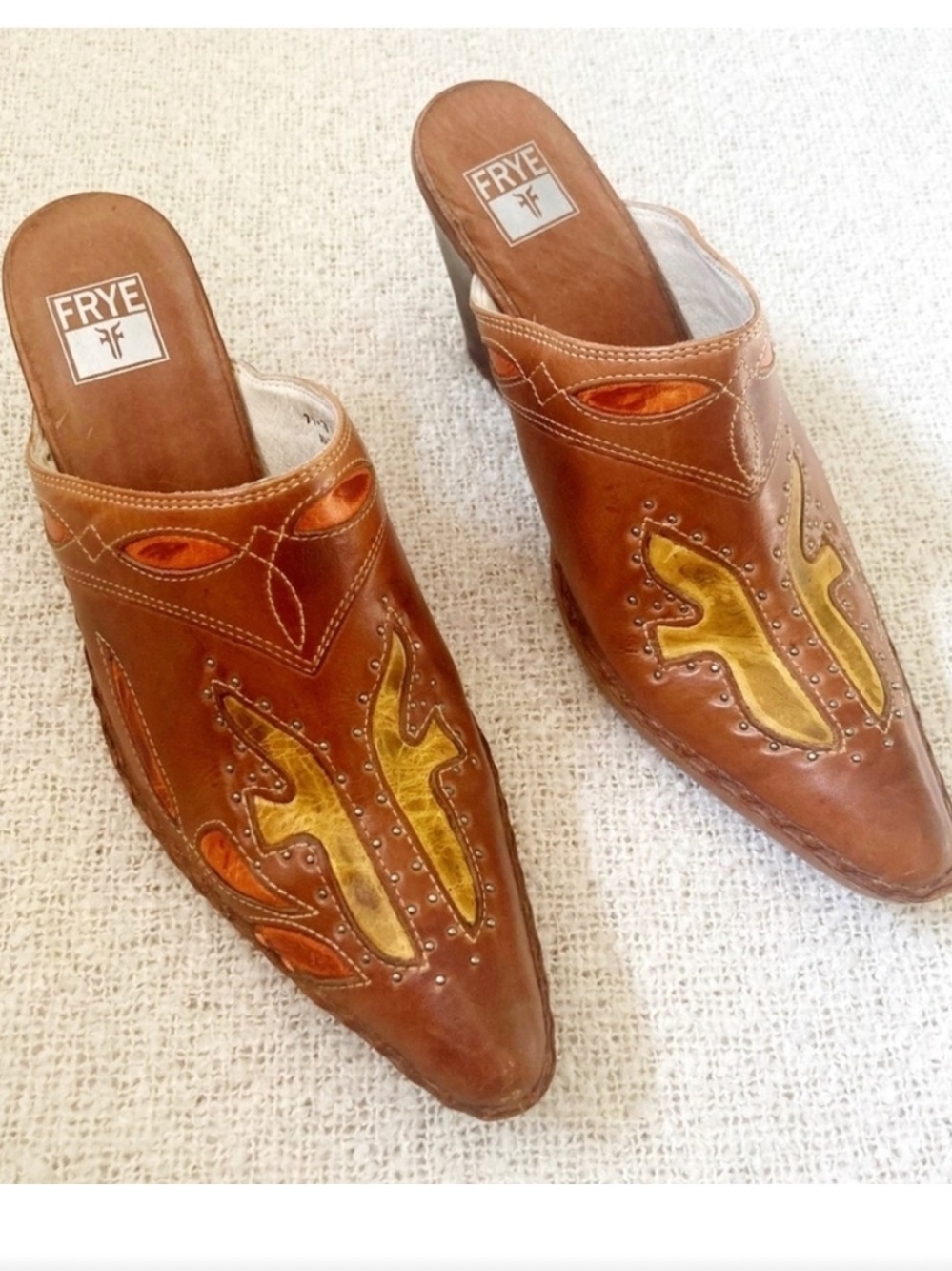 Frye Leather Western Tan Orange Yellow Tooled Southwestern Design Boho Mules 8.5